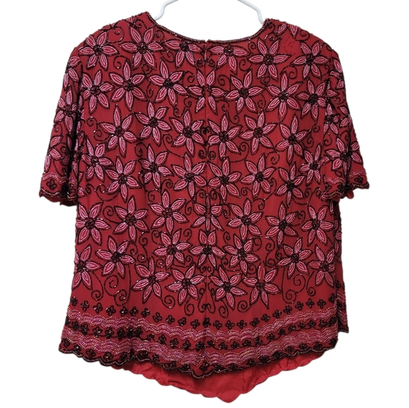 VTG Papell Boutique Red Black Evening Vintage Beaded Silk Top Fuul Back Zip EUC - Picture 2 of 8